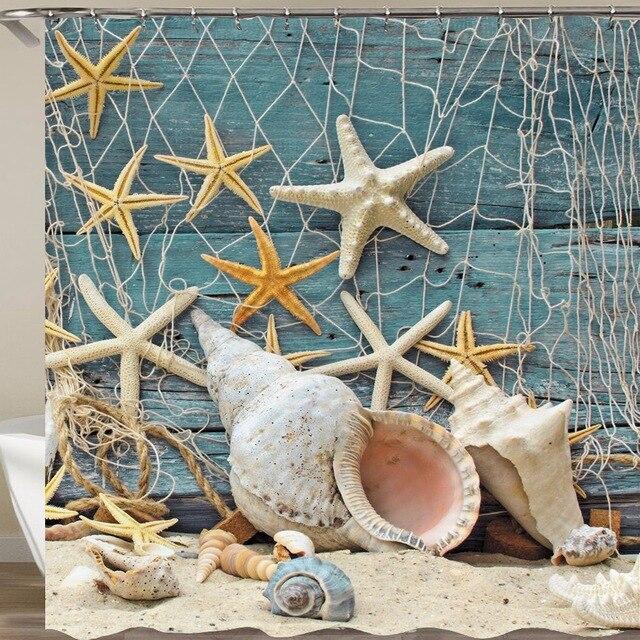 Starfish, shells and fishing net arranged over weathered turquoise planks