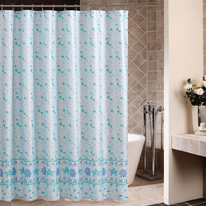 Turquoise mosaic squares scattered over a pearly white curtain ground