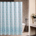 Turquoise mosaic squares scattered over a pearly white curtain ground