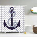 Large navy anchor and rope set over a grey and white chevron ground
