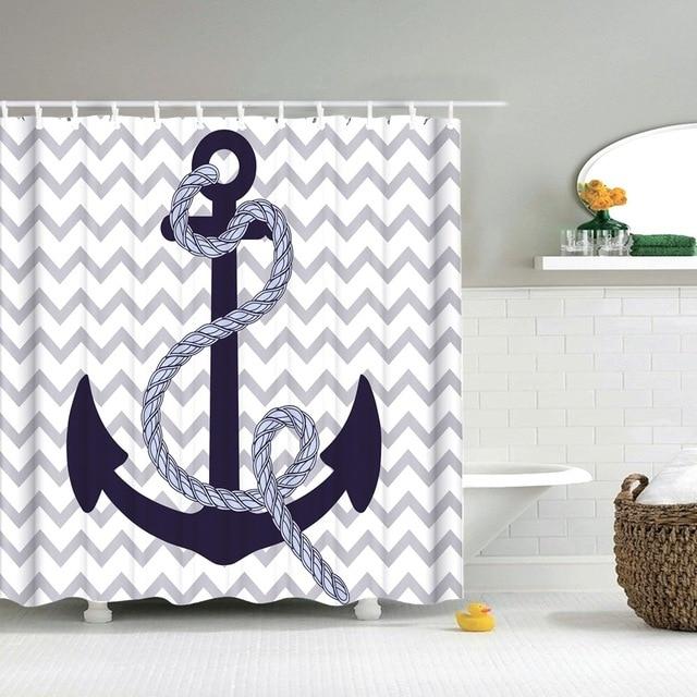 Large navy anchor and rope set over a grey and white chevron ground