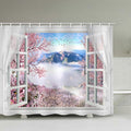 Painted open window looking onto pink cherry blossom and a cloud sea