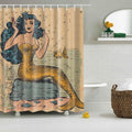 Vintage pin up mermaid illustrated in gold and turquoise on peachy cream ground