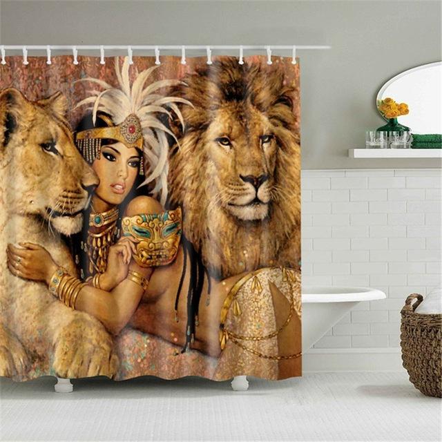 Egyptian queen in a feathered headdress flanked by two lions in sand and gold