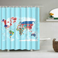 World map with each country filled by its national flag on plain sky blue