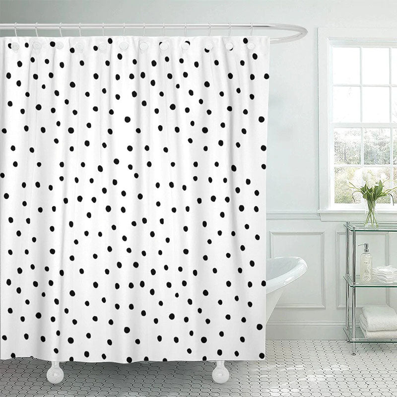 Irregular black dots of varying size scattered over a plain white panel