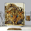 Blue eyed leopard head filling the panel with gold and black spotted fur
