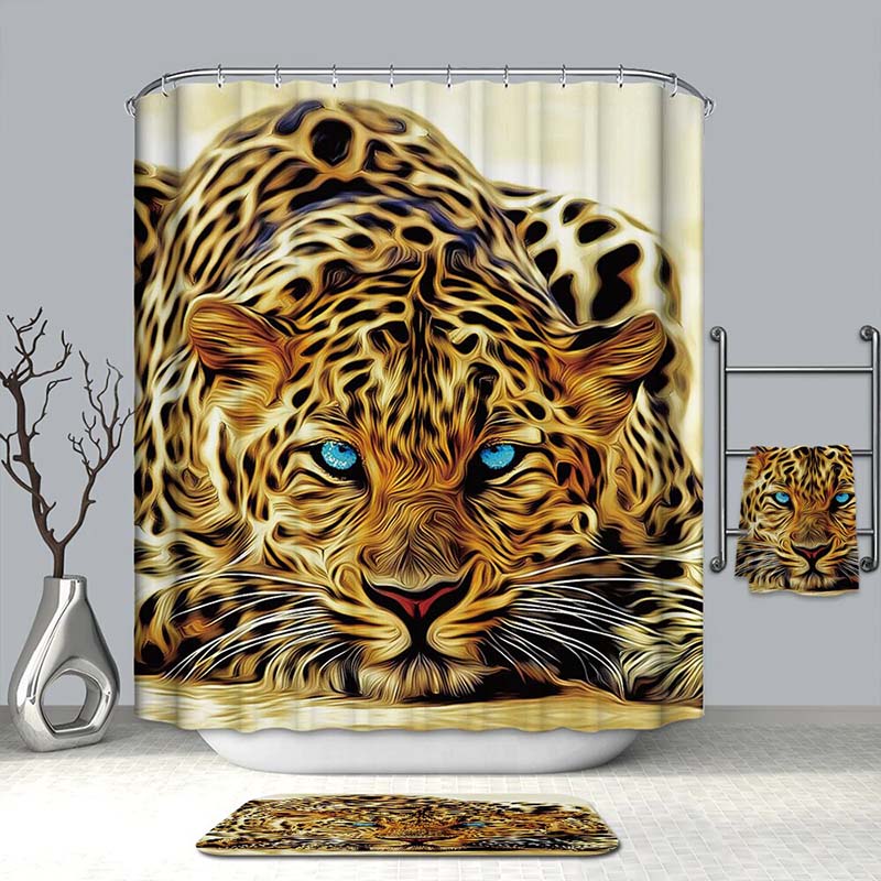 Blue eyed leopard head filling the panel with gold and black spotted fur