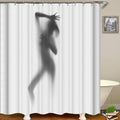 Softly blurred figure in profile behind a translucent white panel with raised arm
