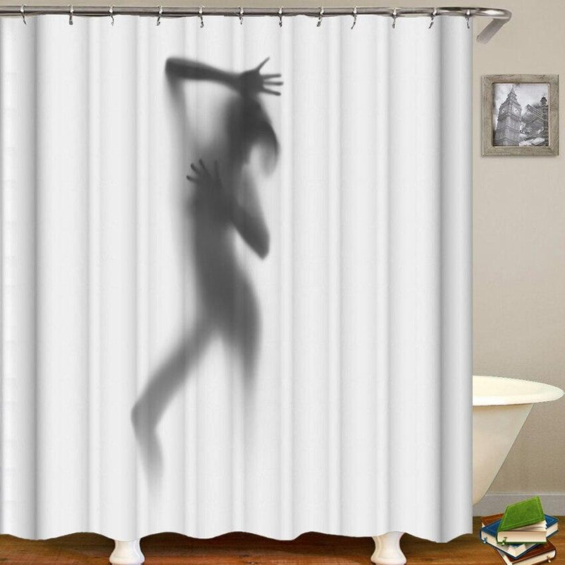 Softly blurred figure in profile behind a translucent white panel with raised arm