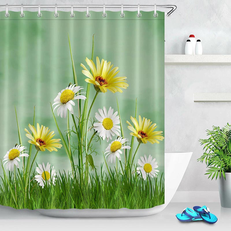 White daisies with yellow centres and yellow blooms above a tuft of grass
