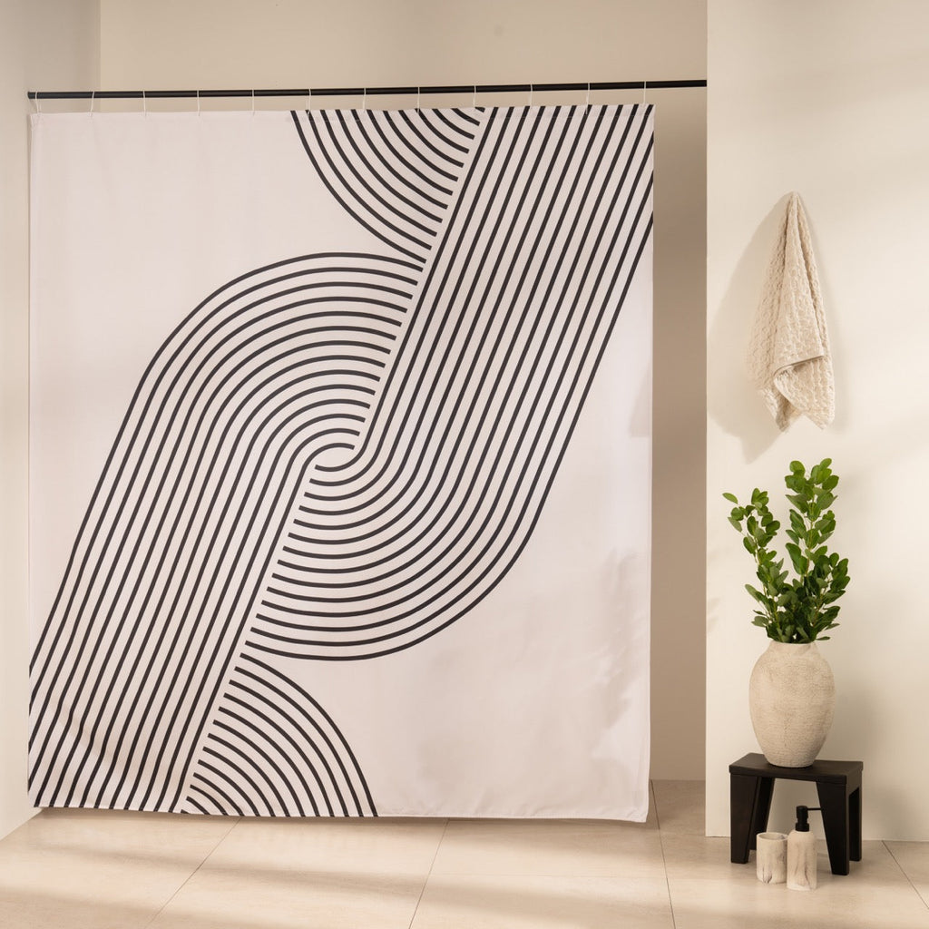 Ribbons of parallel black lines interlacing diagonally on white