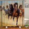 Herd of bay black and white horses galloping head on through ochre dust
