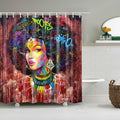 Painted portrait of a Black woman with an afro among colourful graffiti tags