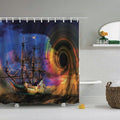 Three masted galleon sailing before a swirling multicoloured vortex in the sky