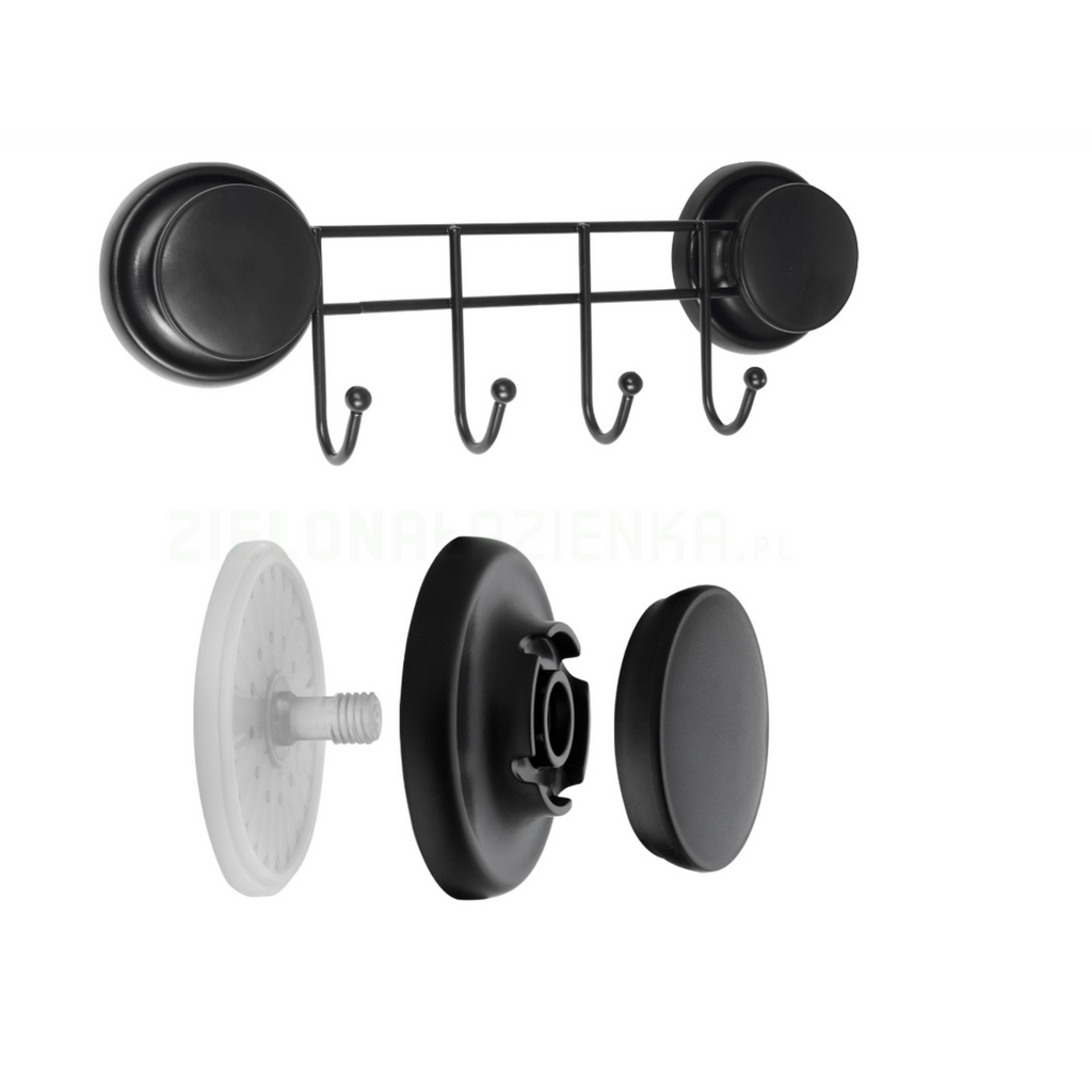 Side profile of the black suction rack against a pale tiled wall