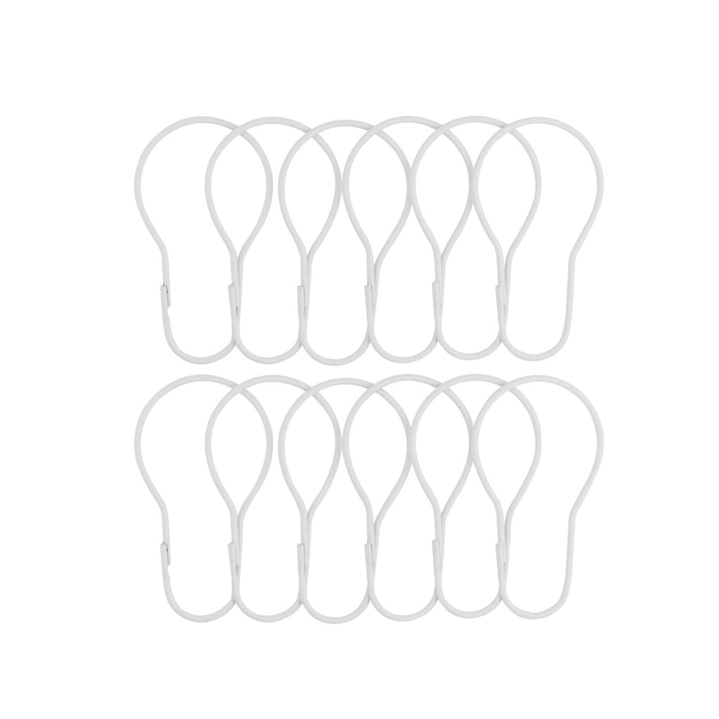 Twelve slim white teardrop curtain rings laid out in two rows