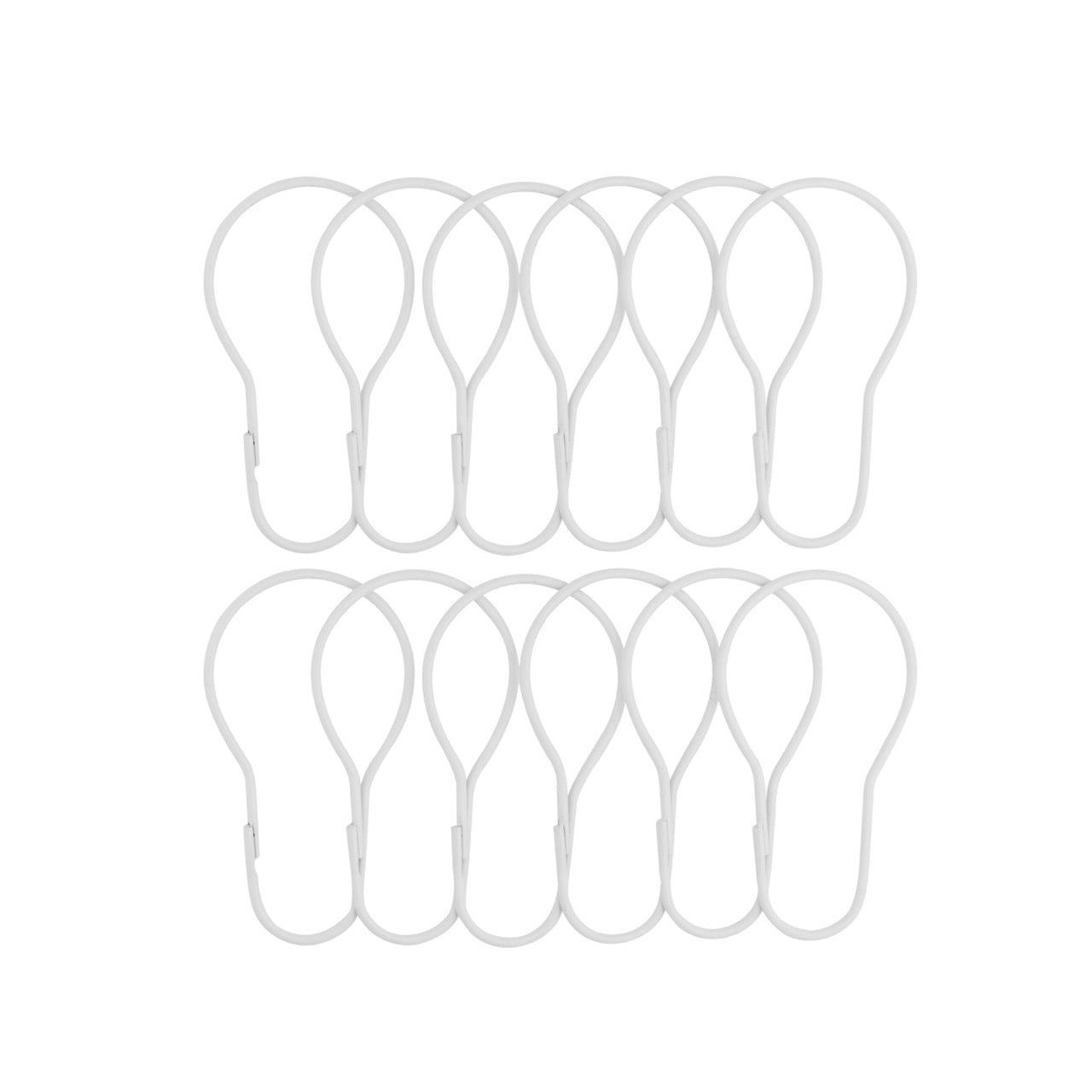 Twelve slim white teardrop curtain rings laid out in two rows