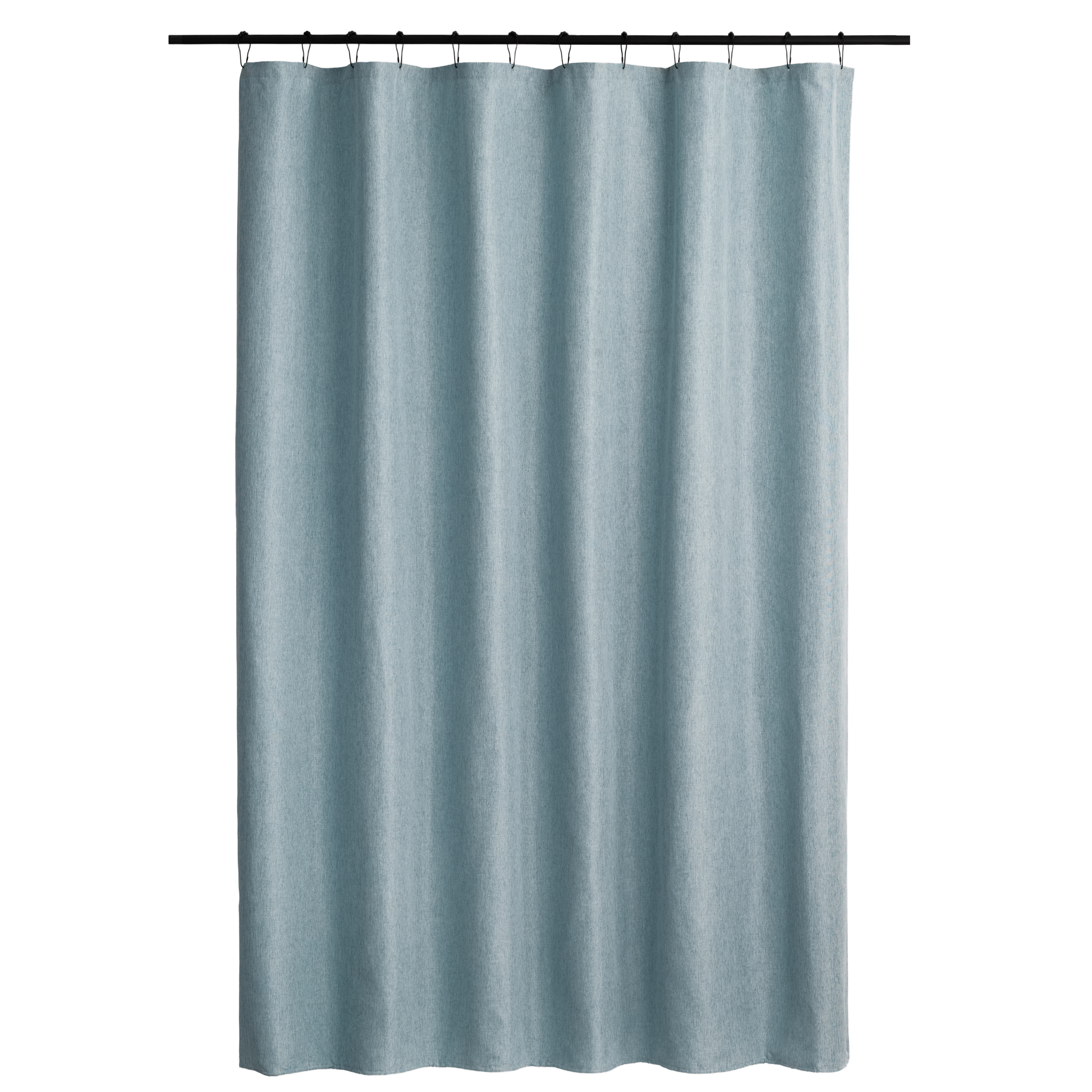 Powder blue curtain styled in a calm bathroom with warm daylight