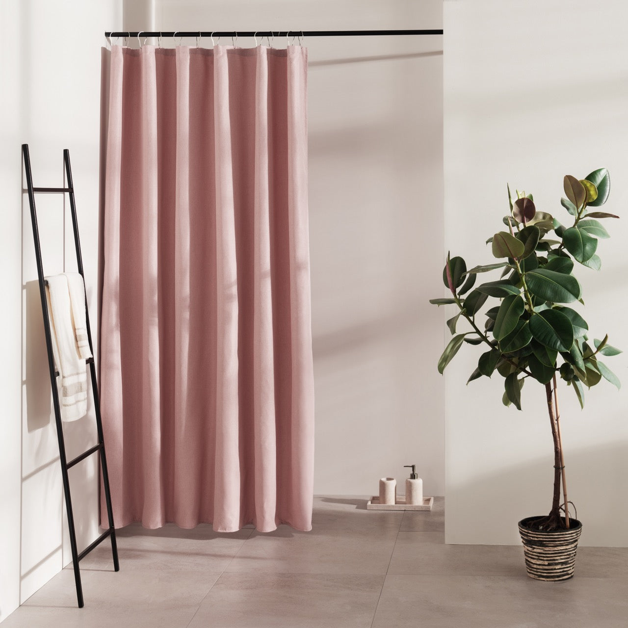 Light powder pink panel with a linen-look weave and even folds