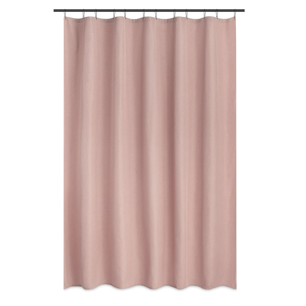 Solid pink curtain styled in a soft bathroom with pale tiling