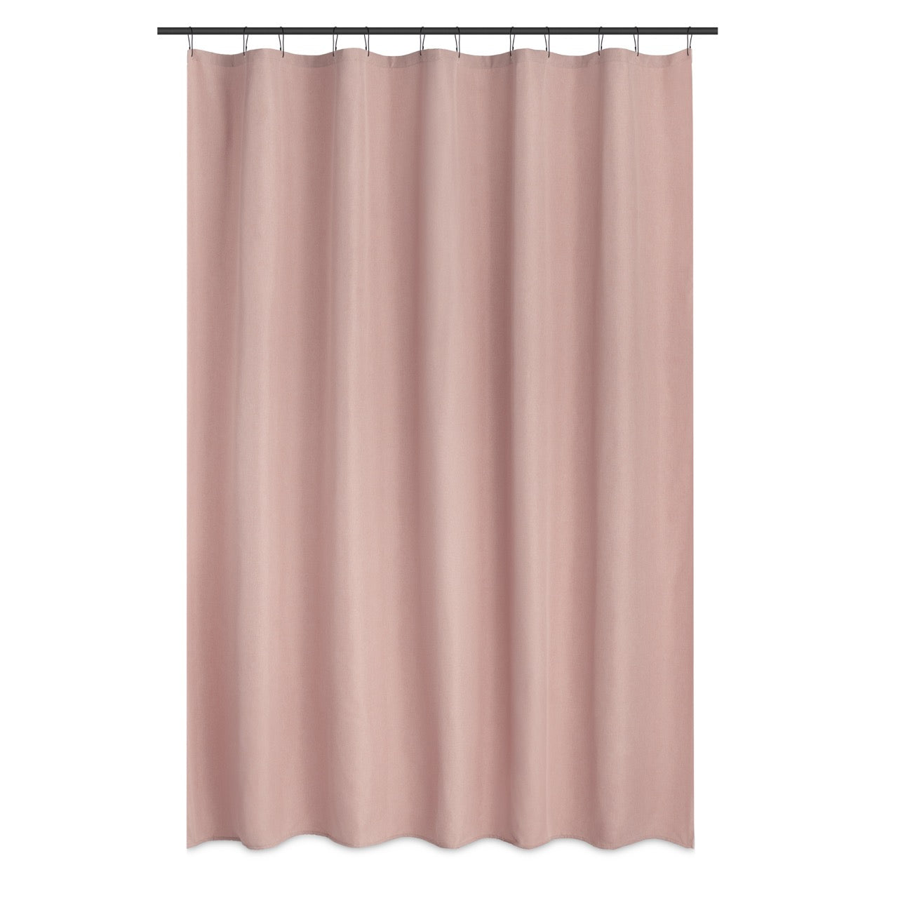 Solid pink curtain styled in a soft bathroom with pale tiling