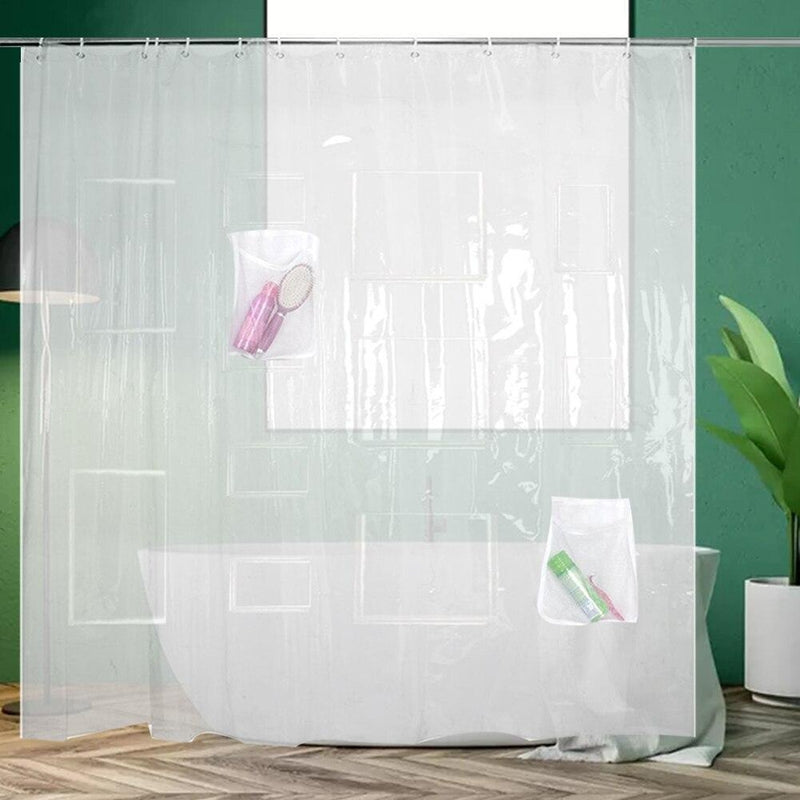 Clear curtain panel with storage pockets sewn across its full height