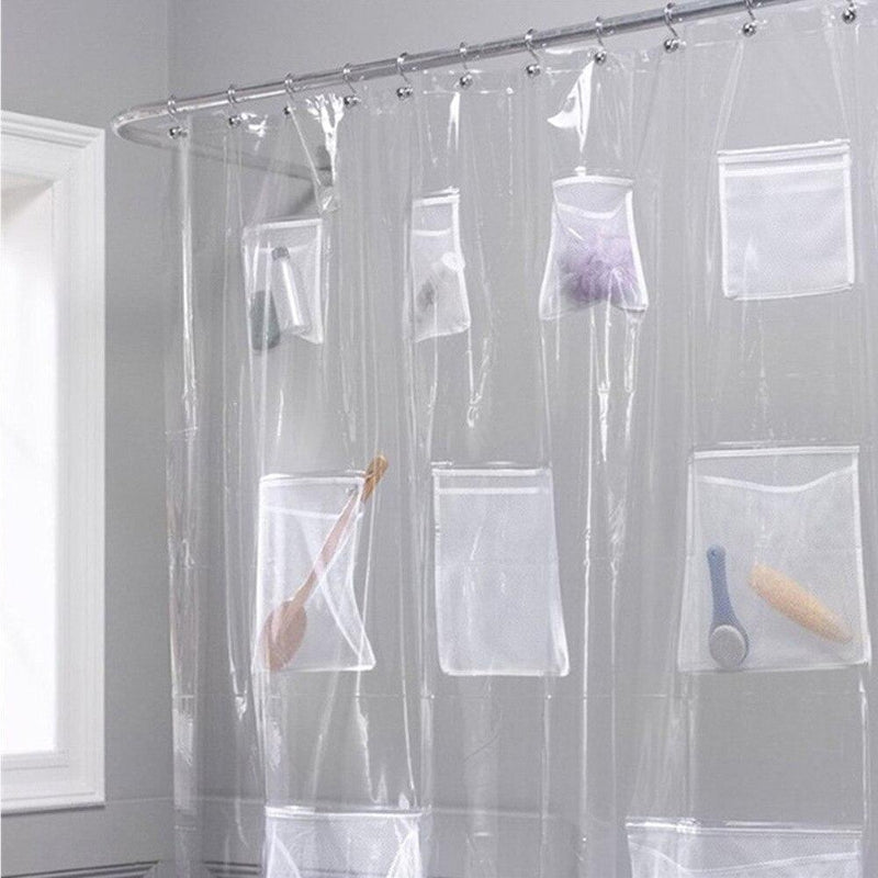 Bottles and a brush held inside the transparent sewn on pockets