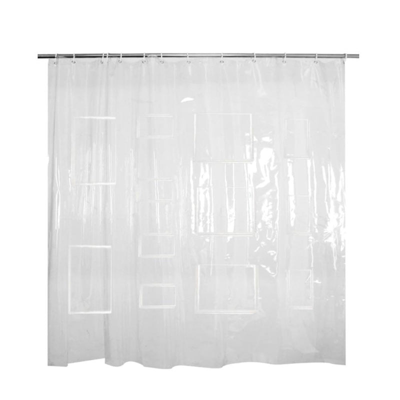 Full length clear pocket curtain hanging along a compact shower enclosure