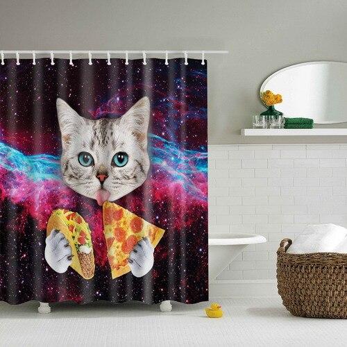 Grey tabby cat holding pizza and a taco before a pink violet nebula