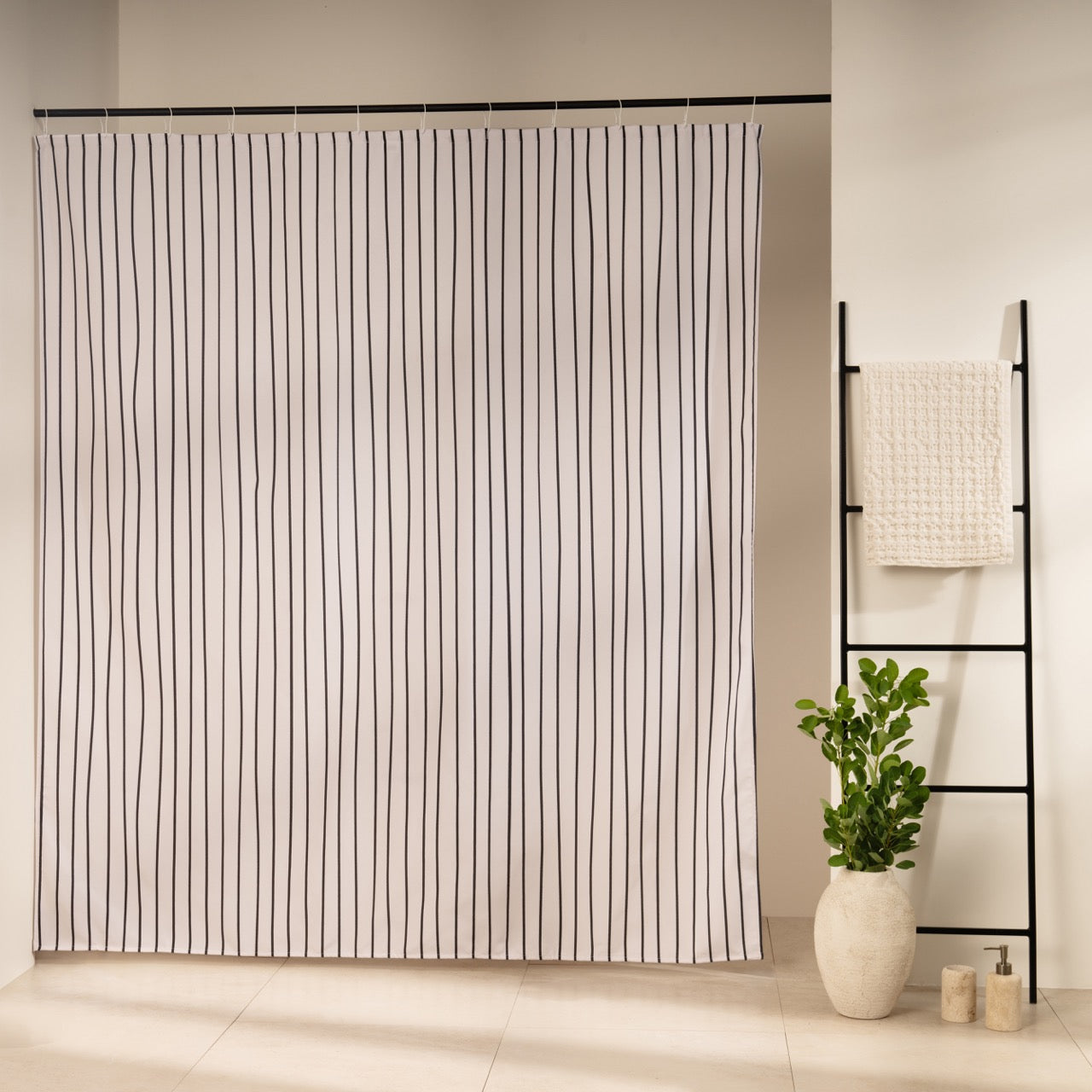 Fine even black stripes running vertically on an off-white panel