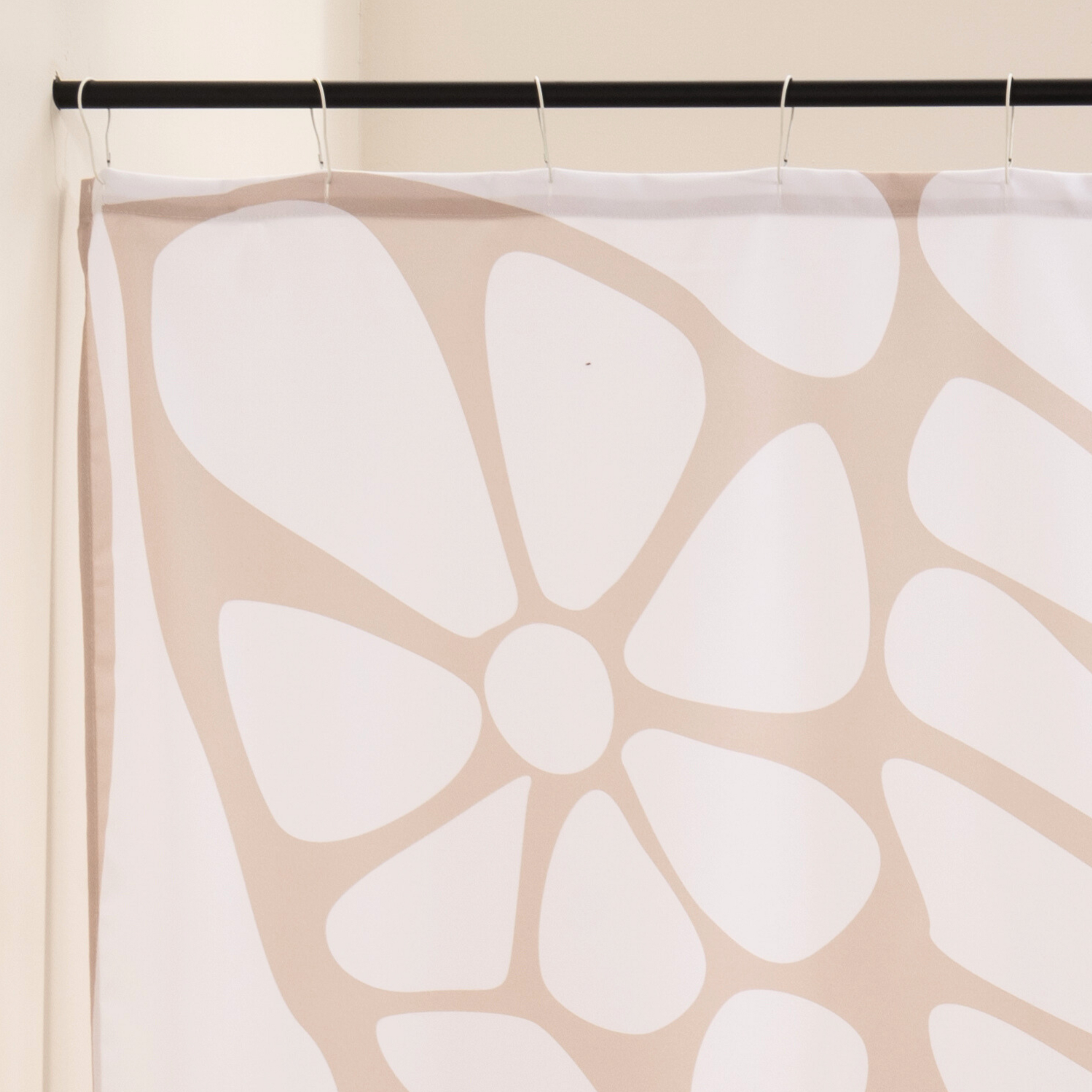 Close detail of the white tonal blooms on the taupe woven cloth