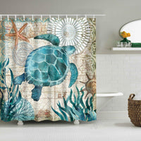 Teal sea turtle and seaweed set on an aged brown nautical chart ground
