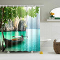 Milky turquoise lagoon with overhanging green foliage and a wooden canoe in front