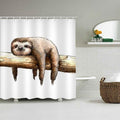 Watercolour sloth draped over a horizontal branch with legs dangling on white