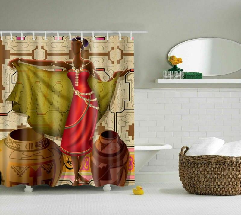 Large terracotta jars against an ochre brick wall with a woman in red