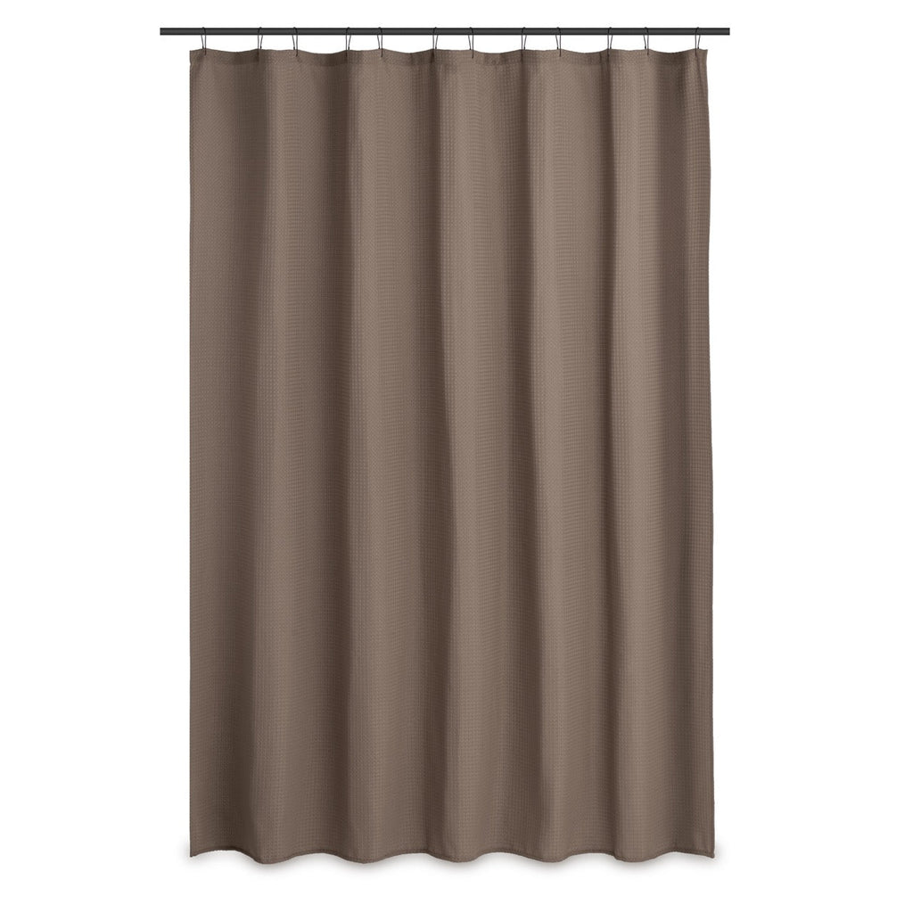Mocha waffle curtain styled in a warm bathroom with wooden accents