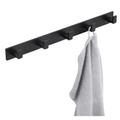 Wall-mounted matte black rail carrying five evenly spaced hooks