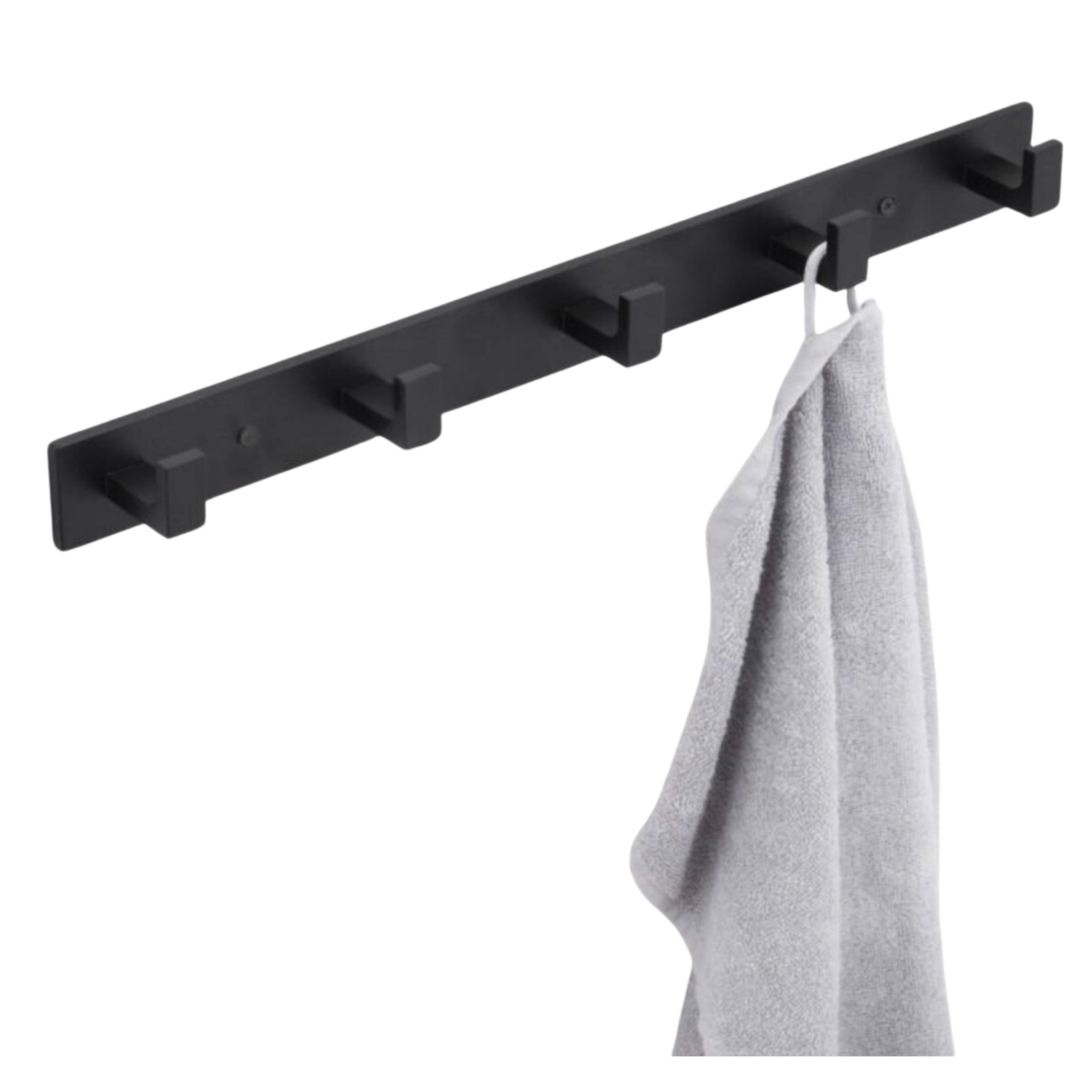 Wall-mounted matte black rail carrying five evenly spaced hooks