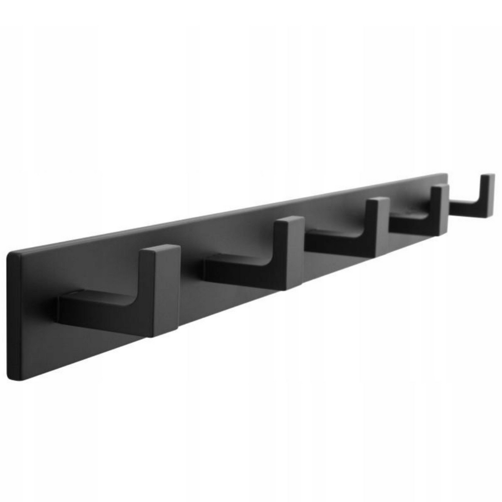 Close view of the black hooks spaced along the mounted rail