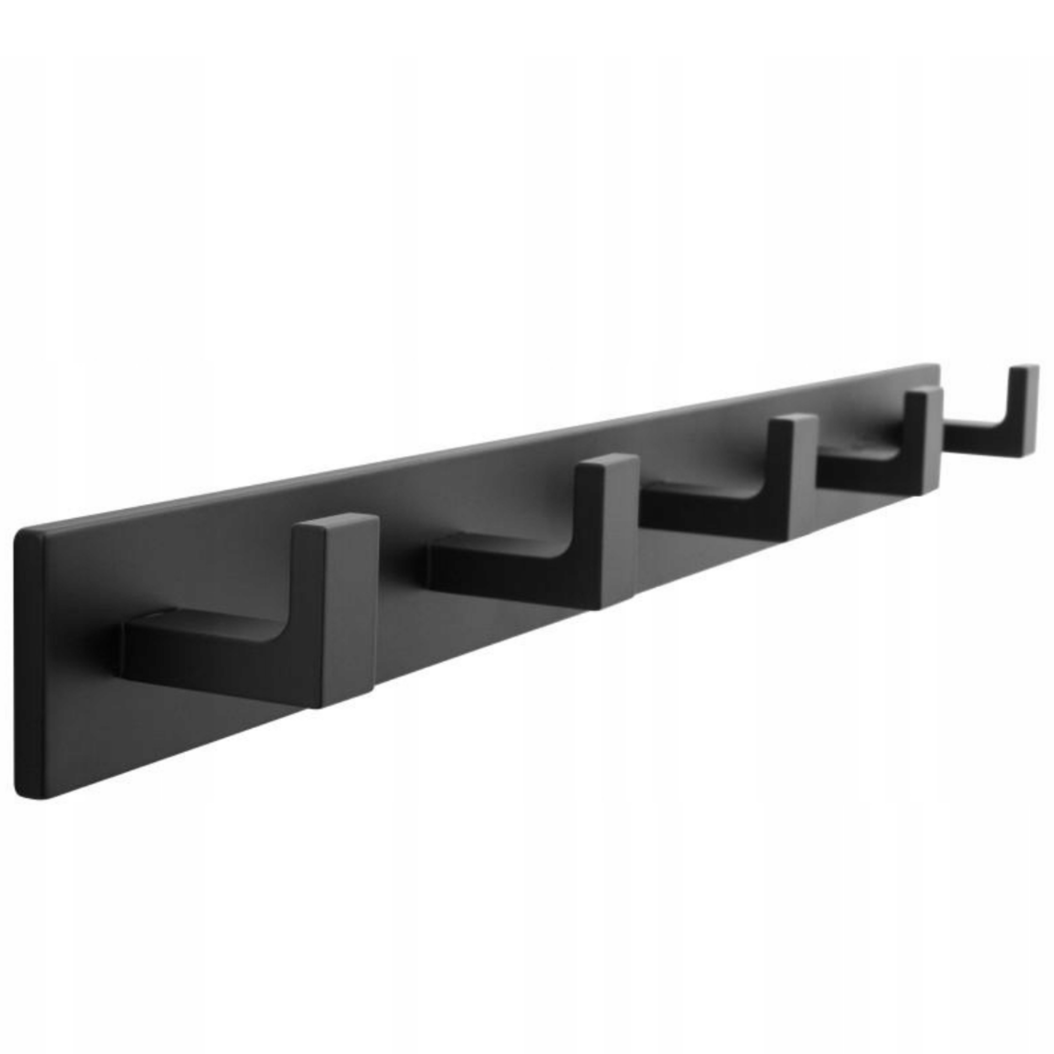 Close view of the black hooks spaced along the mounted rail