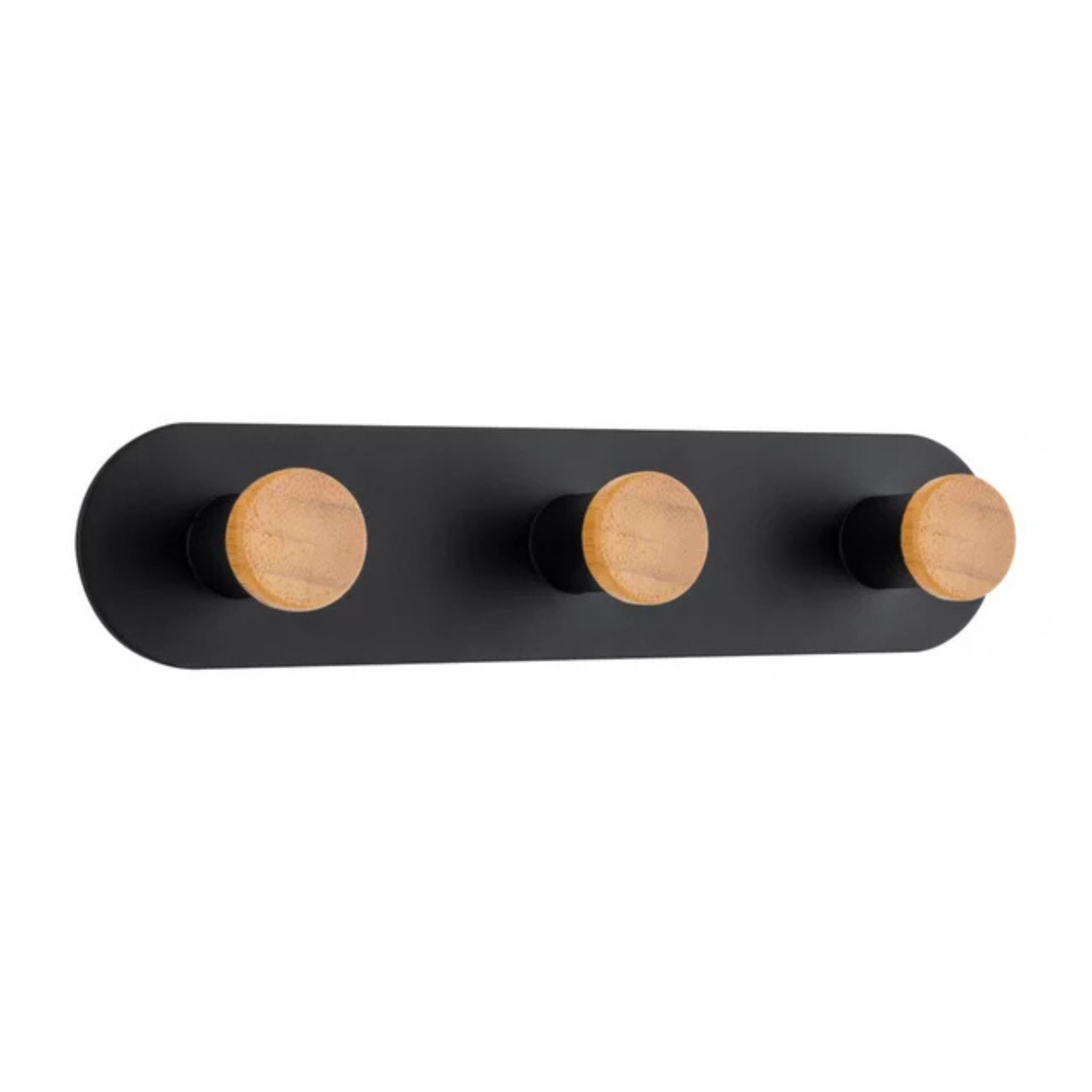 Close view of the wooden hook tips on the black mounting bar