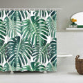 Wide split monstera leaves layered over a clear white curtain ground