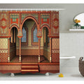 Horseshoe arched courtyard clad in red, green and ochre tilework