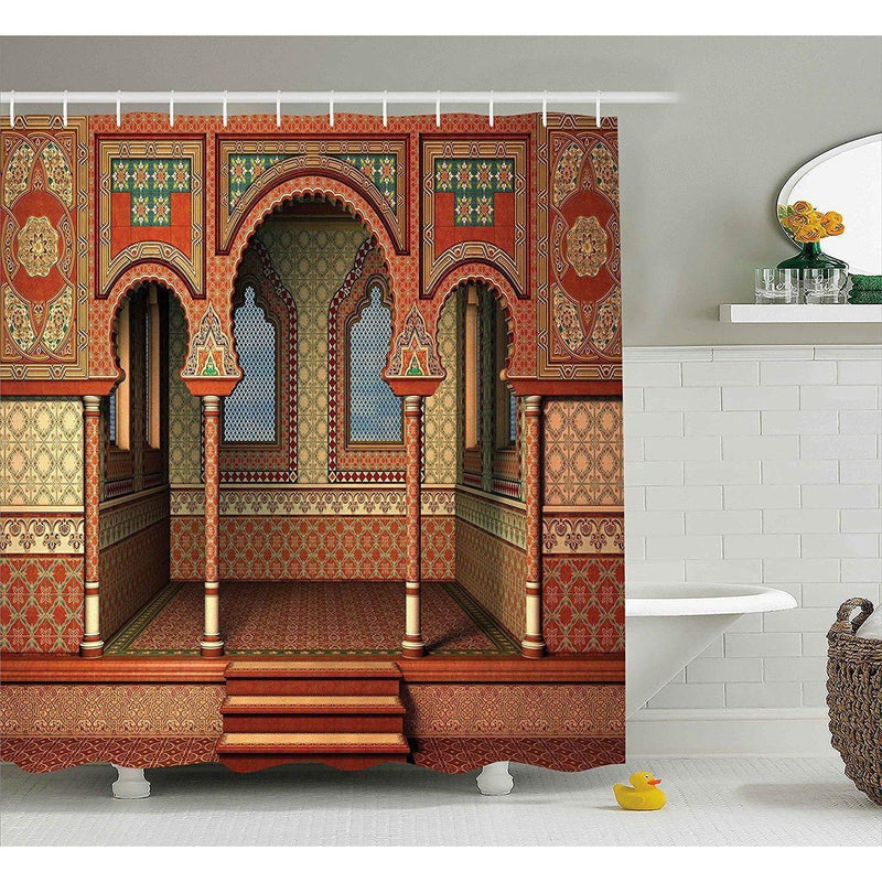 Horseshoe arched courtyard clad in red, green and ochre tilework