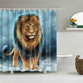 Painted lion with a golden mane streaked turquoise standing on soft clouds