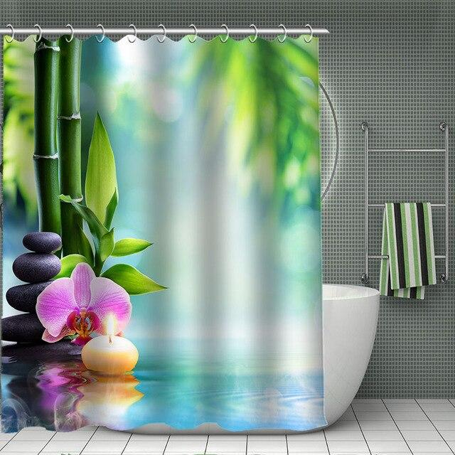 Bright turquoise panel with green bamboo stems and a pink orchid on pebbles