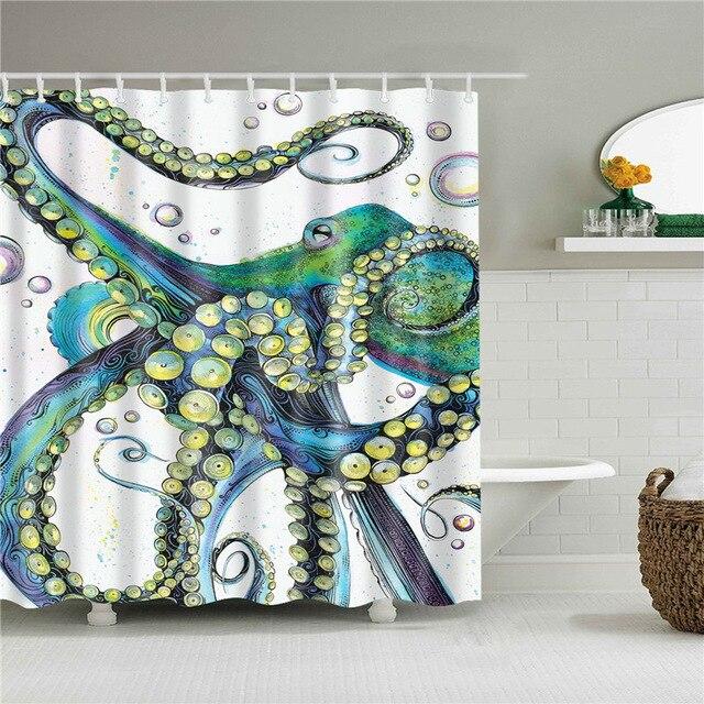 Watercolour octopus spreading teal tentacles with yellow suckers on white