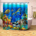 Yellow striped shoals, a clownfish and bright corals on vivid blue water