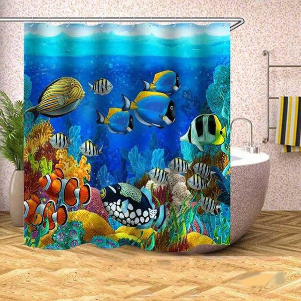 Yellow striped shoals, a clownfish and bright corals on vivid blue water